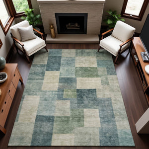 HomeRoots 10' Modern Pale Aqua Blue and Ivory Geometric Area Rug - Washable, UV Protected, Non-Slip Safety 692595