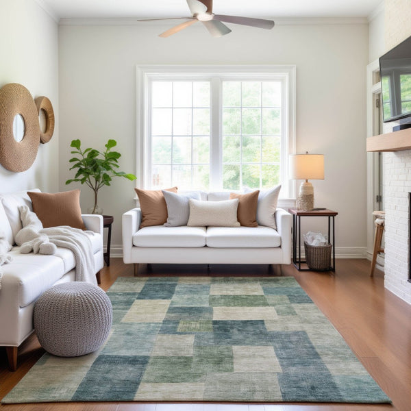 HomeRoots 10' Modern Pale Aqua Blue and Ivory Geometric Area Rug - Washable, UV Protected, Non-Slip Safety 692595