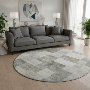 HomeRoots 8' X 8' Washable Round Rug in Taupe Ivory Khaki Geometric Design - UV Resistant & Stain Proof! 692598