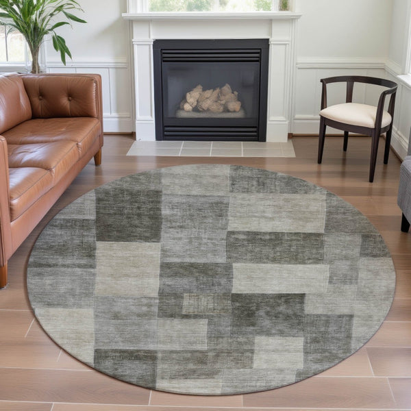 HomeRoots 8' X 8' Washable Round Rug in Taupe Ivory Khaki Geometric Design - UV Resistant & Stain Proof! 692598
