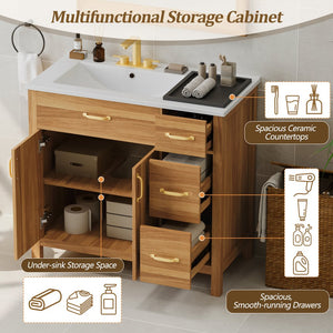 English Elm 36" Wood Bathroom Vanity with Solid Frame, Gold Handles, 3 Soft-Close Drawers & 2 Doors, Spacious Countertop N729P204176N
