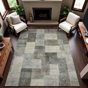 HomeRoots 9' X 12' Stylish Taupe Ivory Khaki Geometric Area Rug - Washable, UV Protected & Stain Resistant! 692600