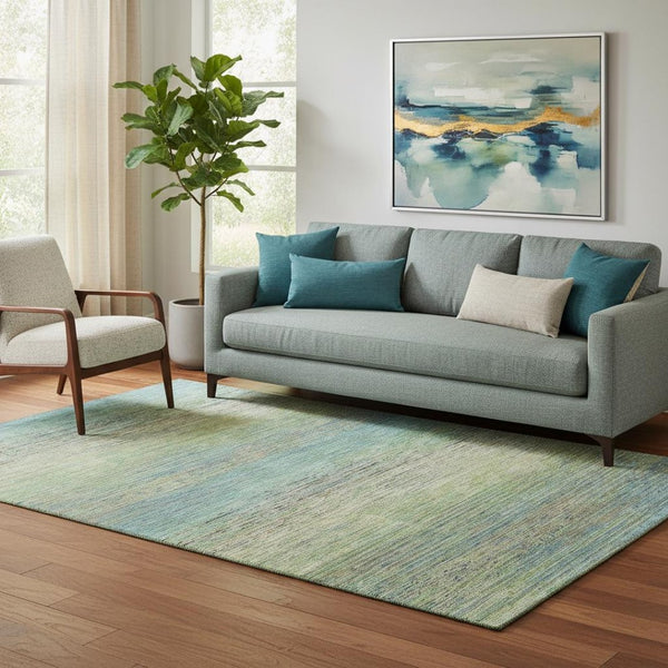 HomeRoots 5' X 8' Artichoke Green, Blue & Copper Striped Washable Area Rug with UV Protection for Homes 692603