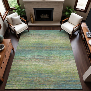 HomeRoots 5' X 8' Artichoke Green, Blue & Copper Striped Washable Area Rug with UV Protection for Homes 692603