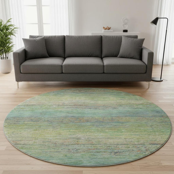HomeRoots 8' X 8' Artichoke Green, Blue & Copper Striped Washable Rug with UV Protection for High-Traffic Areas 692604