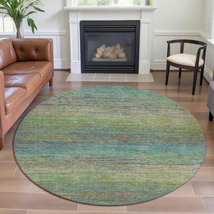 HomeRoots 8' X 8' Artichoke Green, Blue & Copper Striped Washable Rug with UV Protection for High-Traffic Areas 692604