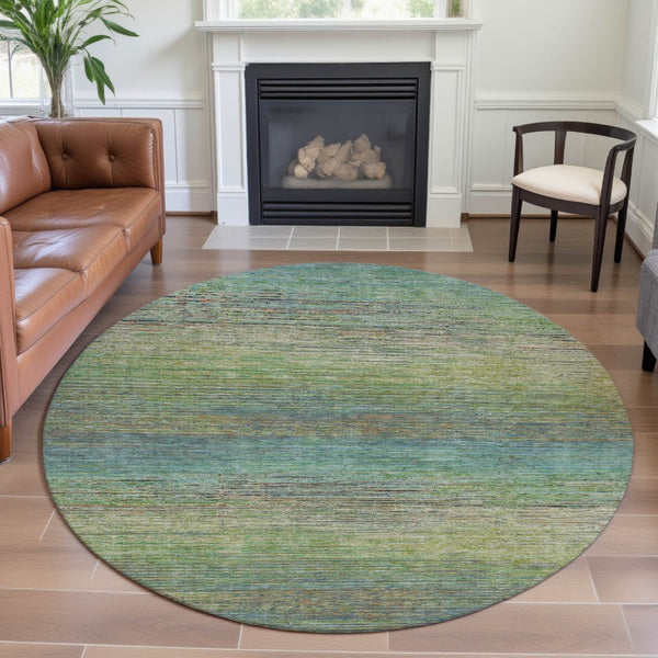 HomeRoots 8' X 8' Artichoke Green, Blue & Copper Striped Washable Rug with UV Protection for High-Traffic Areas 692604