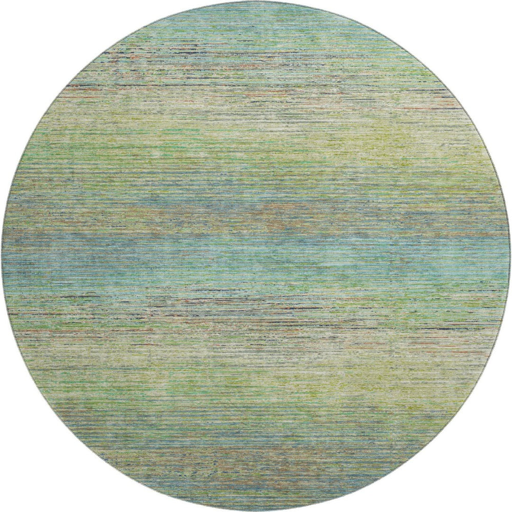 HomeRoots 8' X 8' Artichoke Green, Blue & Copper Striped Washable Rug with UV Protection for High-Traffic Areas 692604