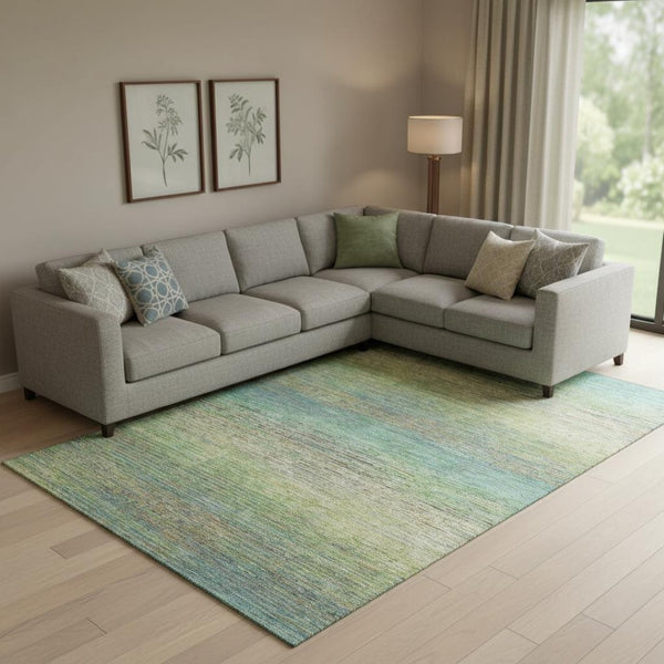 HomeRoots 9' X 12' Striped Area Rug in Artichoke Green, Blue & Copper - Washable, UV-Protected, Durable Design 692606
