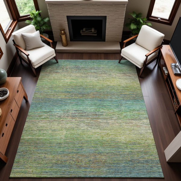 HomeRoots 9' X 12' Striped Area Rug in Artichoke Green, Blue & Copper - Washable, UV-Protected, Durable Design 692606