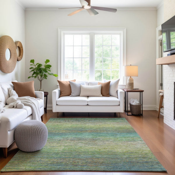 HomeRoots 9' X 12' Striped Area Rug in Artichoke Green, Blue & Copper - Washable, UV-Protected, Durable Design 692606