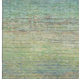 HomeRoots 9' X 12' Striped Area Rug in Artichoke Green, Blue & Copper - Washable, UV-Protected, Durable Design 692606