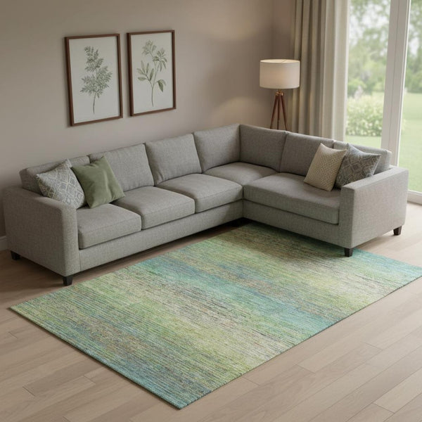 HomeRoots 10' Artichoke Green, Blue & Copper Striped Washable Area Rug with UV Protection for Busy Homes 692607