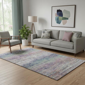 HomeRoots 5' X 8' Blush Blue & Ivory Striped Washable Area Rug with UV Protection for Modern Homes & Spaces 692609