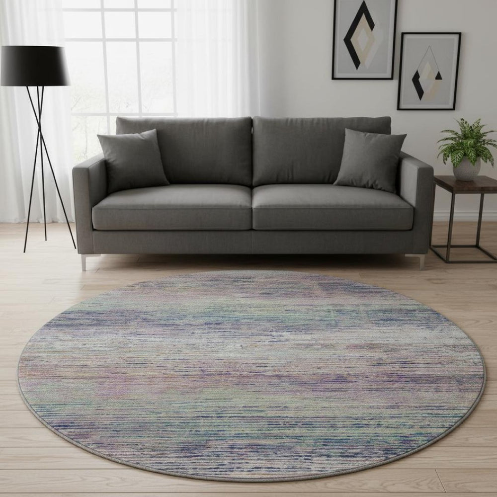 HomeRoots 8' Round Washable Blush Blue and Ivory Striped Rug with UV Protection - Stylish, Durable, Easy Care 692610