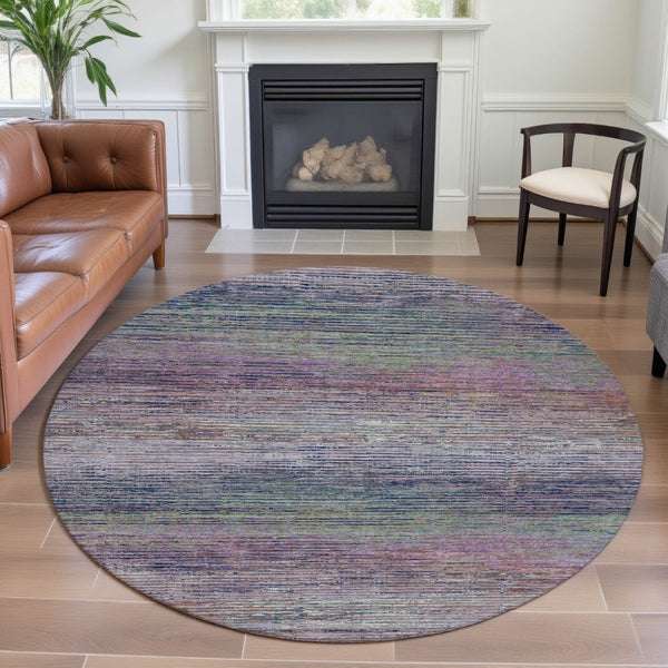 HomeRoots 8' Round Washable Blush Blue and Ivory Striped Rug with UV Protection - Stylish, Durable, Easy Care 692610