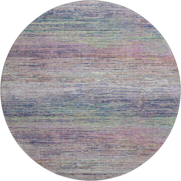 HomeRoots 8' Round Washable Blush Blue and Ivory Striped Rug with UV Protection - Stylish, Durable, Easy Care 692610