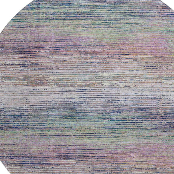 HomeRoots 8' Round Washable Blush Blue and Ivory Striped Rug with UV Protection - Stylish, Durable, Easy Care 692610