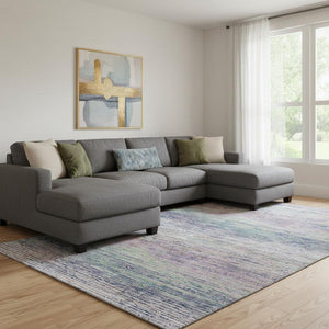 HomeRoots 8' Blush Blue and Ivory Striped Area Rug - Washable, UV-Protected, Stain-Resistant, Durable Design 692611