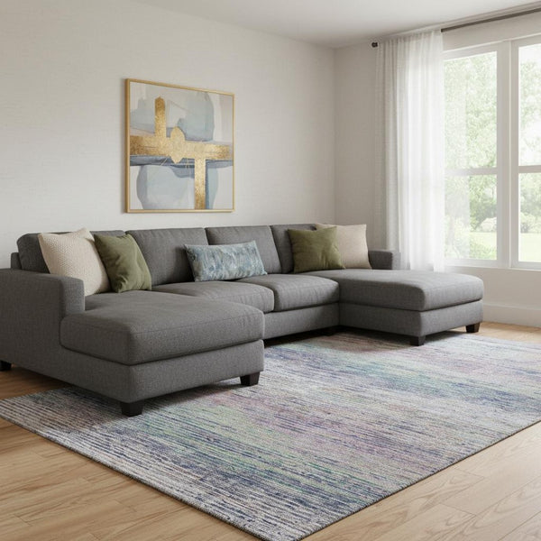 HomeRoots 8' Blush Blue and Ivory Striped Area Rug - Washable, UV-Protected, Stain-Resistant, Durable Design 692611