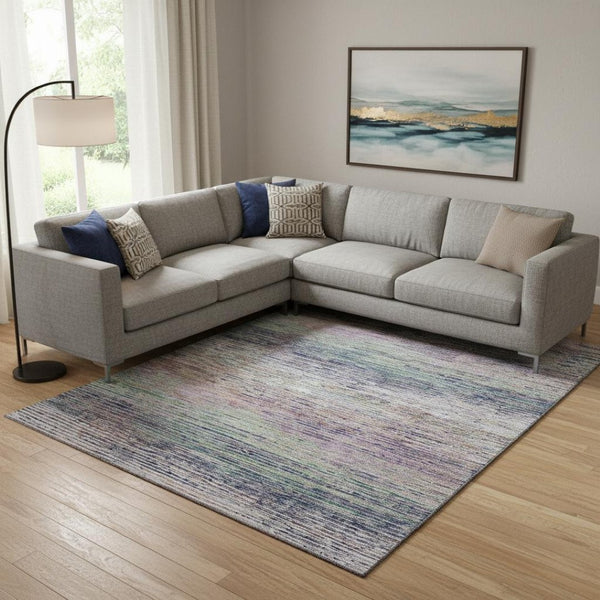 HomeRoots 10' X 14' Blush Blue & Ivory Striped Area Rug - Washable, UV Protected, Durable for Family Spaces 692613