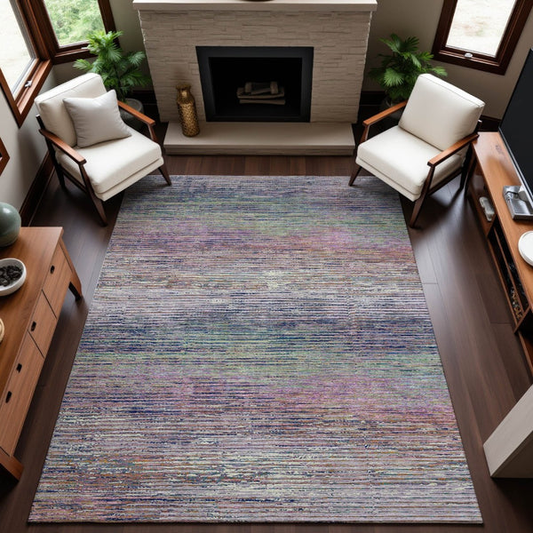 HomeRoots 10' X 14' Blush Blue & Ivory Striped Area Rug - Washable, UV Protected, Durable for Family Spaces 692613