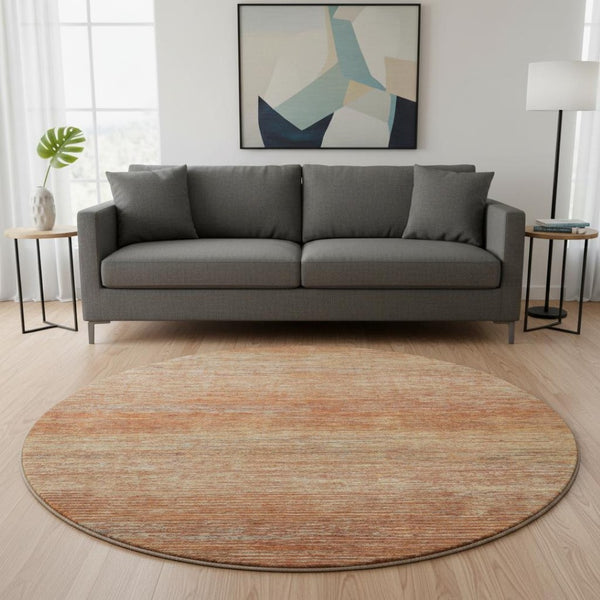 HomeRoots 8' Stylish Copper Ivory Gray Striped Washable Round Rug — UV Resistant, Easy Care for Family Life 692616