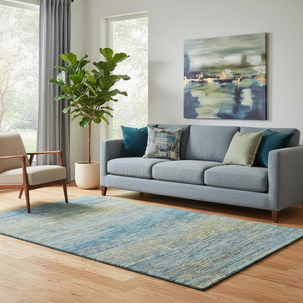 HomeRoots 5' X 8' Denim Blue & Olive Green Striped Washable Area Rug - UV Protected, Durable & Stylish Design 692621