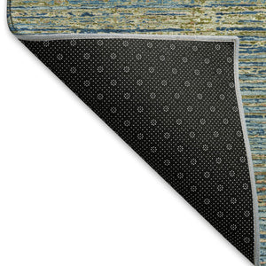HomeRoots 5' X 8' Denim Blue & Olive Green Striped Washable Area Rug - UV Protected, Durable & Stylish Design 692621