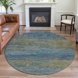 HomeRoots 8' X 8' Striped Round Rug in Denim Blue & Olive Green - Durable, Washable, UV Protected for Homes 692622