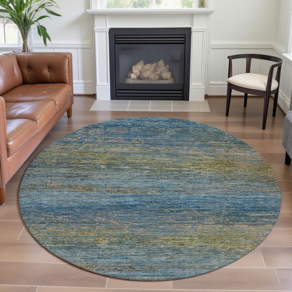 HomeRoots 8' X 8' Striped Round Rug in Denim Blue & Olive Green - Durable, Washable, UV Protected for Homes 692622