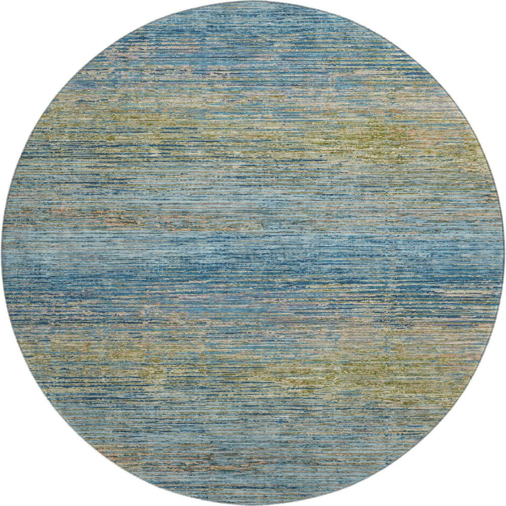 HomeRoots 8' X 8' Striped Round Rug in Denim Blue & Olive Green - Durable, Washable, UV Protected for Homes 692622