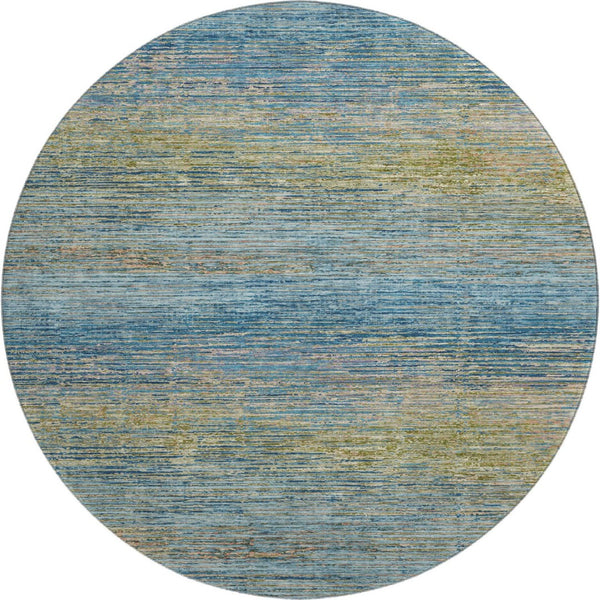 HomeRoots 8' X 8' Striped Round Rug in Denim Blue & Olive Green - Durable, Washable, UV Protected for Homes 692622