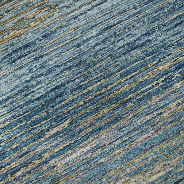 HomeRoots 8' X 8' Striped Round Rug in Denim Blue & Olive Green - Durable, Washable, UV Protected for Homes 692622