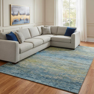 HomeRoots 8' Stylish Denim Blue and Olive Green Striped Washable Area Rug with Non-Slip Backing & UV Defense 692623