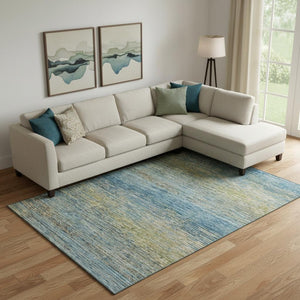 HomeRoots 9' X 12' Denim Blue & Olive Green Striped Washable Area Rug - UV Protected, Stain Resistant Design 692624