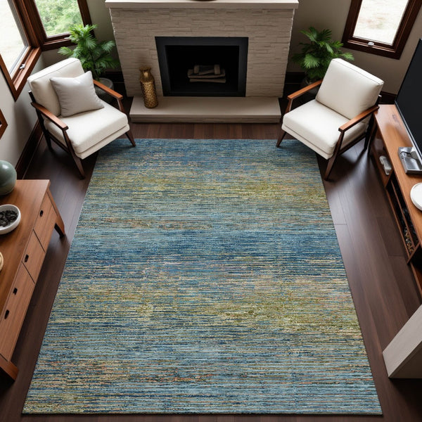 HomeRoots 9' X 12' Denim Blue & Olive Green Striped Washable Area Rug - UV Protected, Stain Resistant Design 692624
