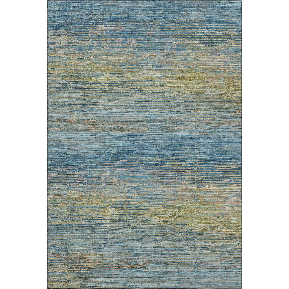 HomeRoots 9' X 12' Denim Blue & Olive Green Striped Washable Area Rug - UV Protected, Stain Resistant Design 692624