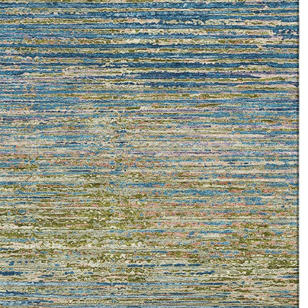 HomeRoots 9' X 12' Denim Blue & Olive Green Striped Washable Area Rug - UV Protected, Stain Resistant Design 692624