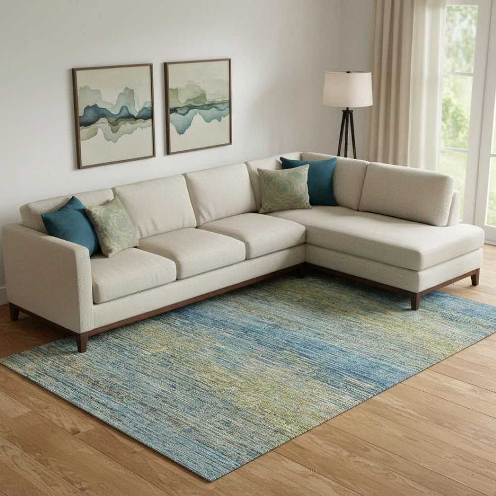 HomeRoots 10' Stylish Denim Blue & Olive Green Striped Washable Area Rug with UV Protection for High Traffic Areas 692625