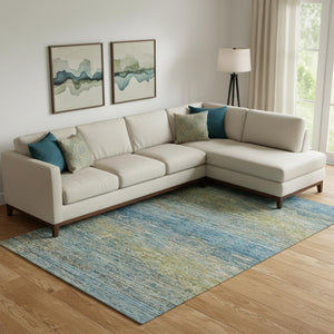 HomeRoots 10' Stylish Denim Blue & Olive Green Striped Washable Area Rug with UV Protection for High Traffic Areas 692625
