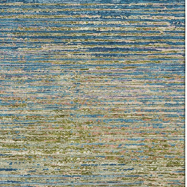 HomeRoots 10' Stylish Denim Blue & Olive Green Striped Washable Area Rug with UV Protection for High Traffic Areas 692625