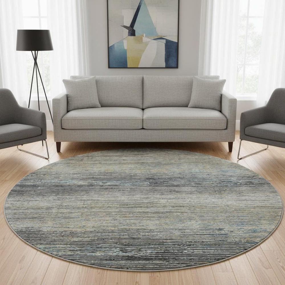 HomeRoots 8' Round Granite Gray and Silver Striped Washable Rug - Durable, Stain-Resistant, UV Protected Design 692628