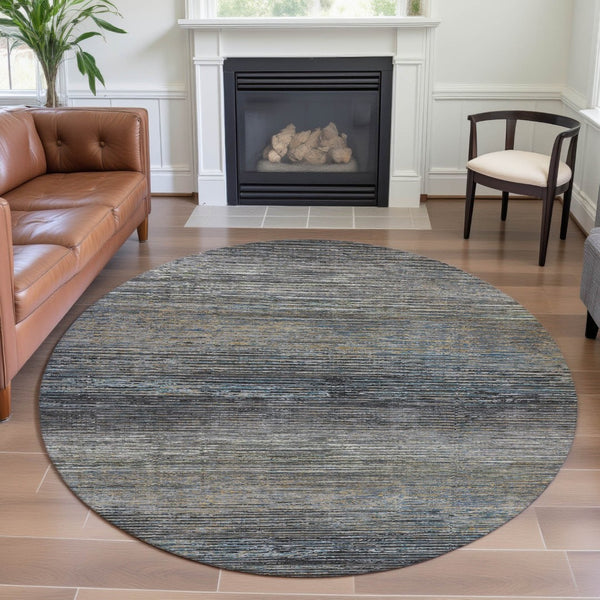 HomeRoots 8' Round Granite Gray and Silver Striped Washable Rug - Durable, Stain-Resistant, UV Protected Design 692628