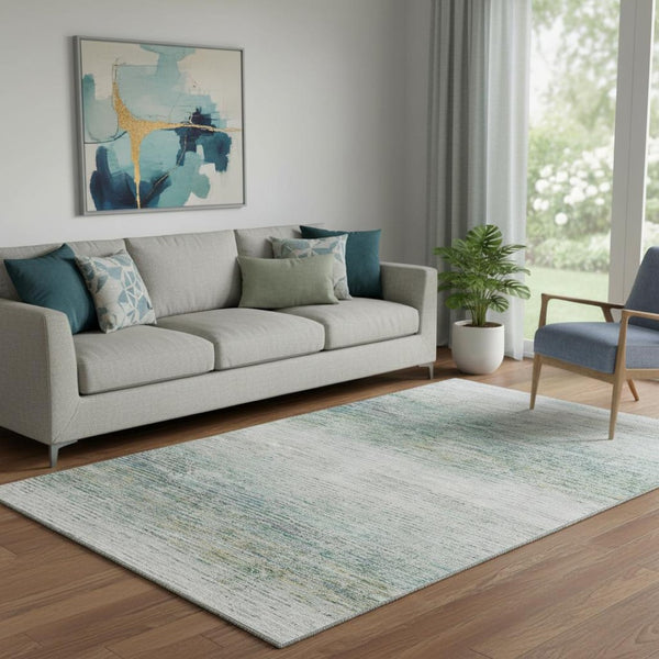 HomeRoots 5' X 8' Elegant Linen & Ivory Striped Washable Area Rug with UV Protection for Stylish Living Spaces 692633
