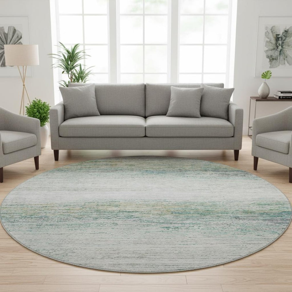 HomeRoots 8' Linen & Ivory Striped Round Rug – Washable, UV-Protected, Durable Design for Busy Homes & High Traffic 692634