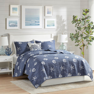 English Elm 4 Piece Cotton Reversible Embroidered Quilt Set with Coastal Starfish & Shell Motifs, OEKO-TEX Certified Quality Navy 20.87 L x 16.93 W x 6.5 H B03595793