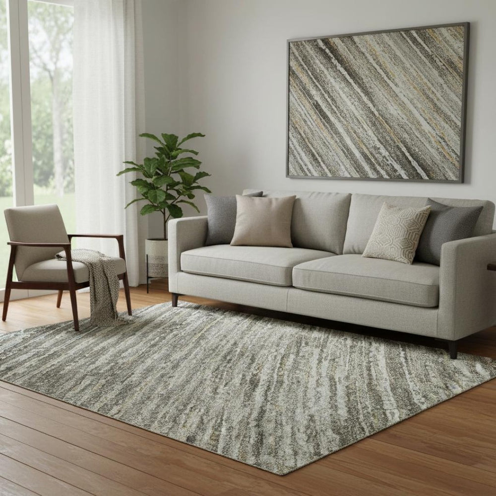 HomeRoots 5' X 8' Elegant Taupe Gray and Silver Striped Washable Area Rug with UV Protection for Any Space 692645