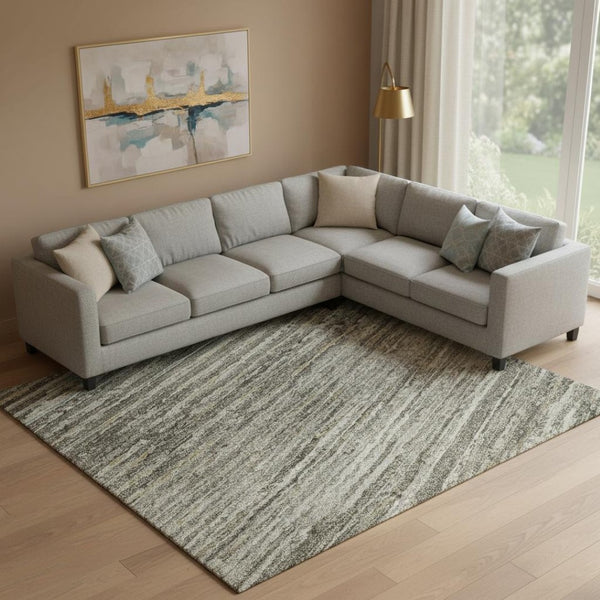 HomeRoots 9' X 12' Stylish Taupe Gray & Silver Striped Washable Area Rug with Non-Slip Backing & UV Protection 692648