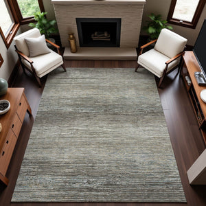 HomeRoots 9' X 12' Stylish Taupe Gray & Silver Striped Washable Area Rug with Non-Slip Backing & UV Protection 692648